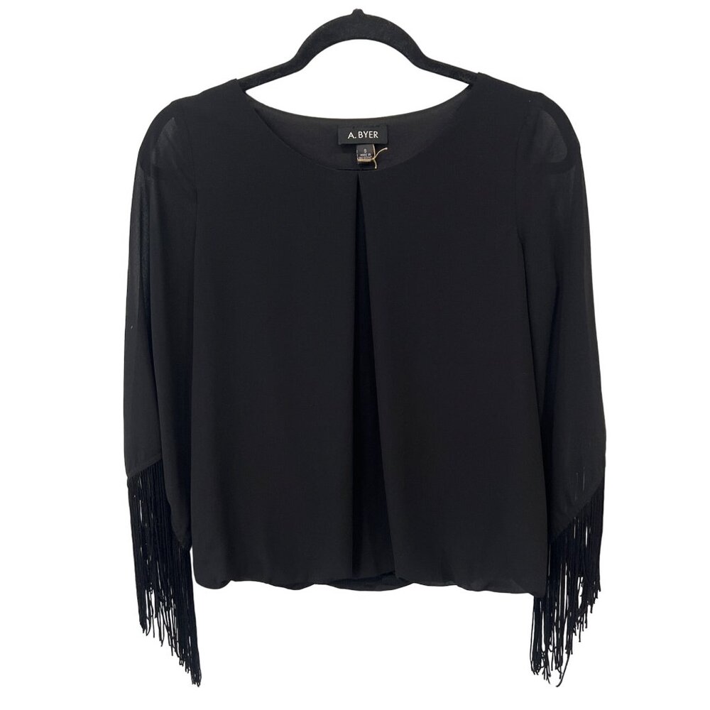 A Byer Blouse Size Small Black Fringe Sleeves Sheer Accents Lightweight Design